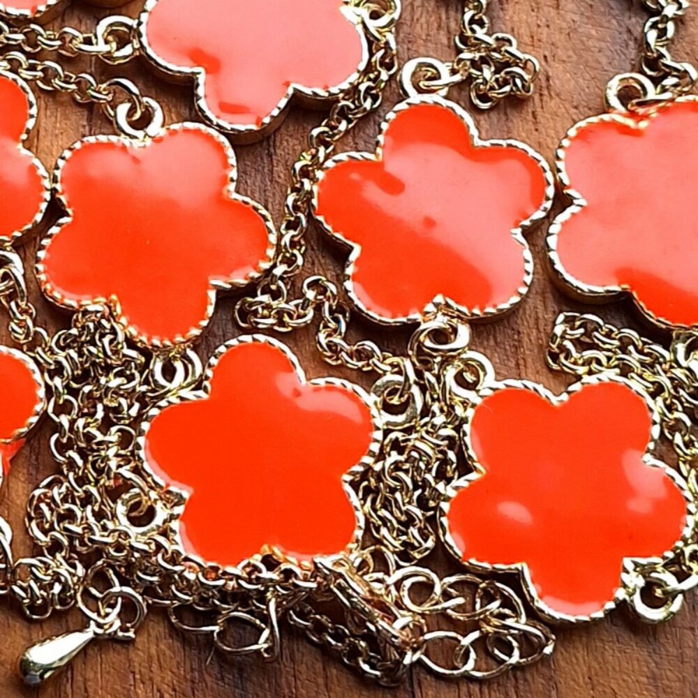Orange enamel clover flower necklace